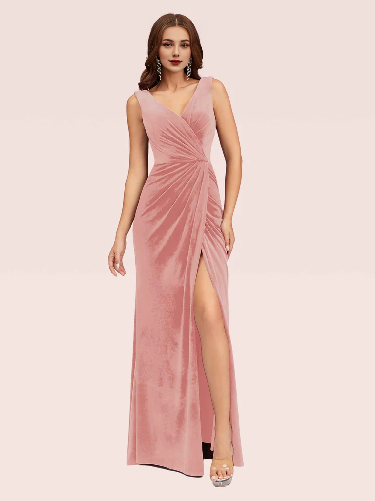 Wholesale Bridesmaid Dresses V Neck Long Velvet Online With Slit