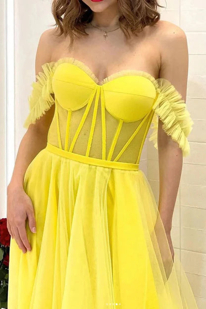 Wholesale Elegant A Line Off the Shoulder Yellow Corset Prom Dress