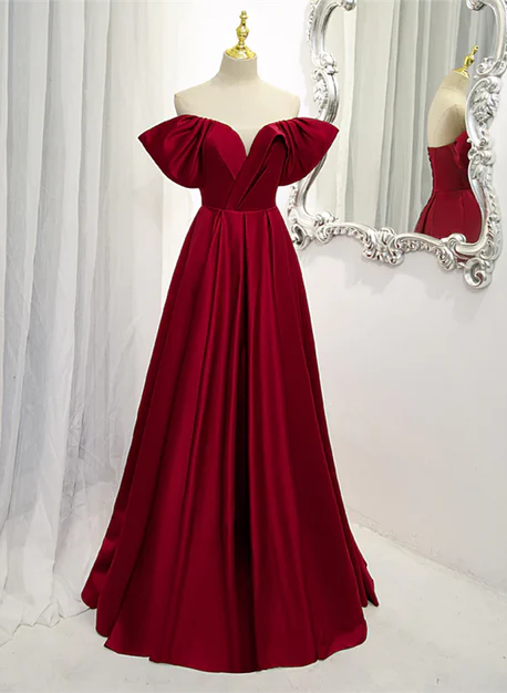 Wine Red Satin A-line Floor Length Party Dresses Burgundy Long Formal Dresses Off Shoulder Evening Dress Wholesale