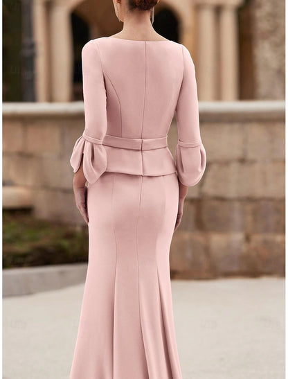 Wholesale Mermaid / Trumpet Mother of the Bride Dress Wedding Guest Elegant Jewel Neck Floor Length Chiffon Crepe 3/4 Length Sleeve with Crystal Brooch