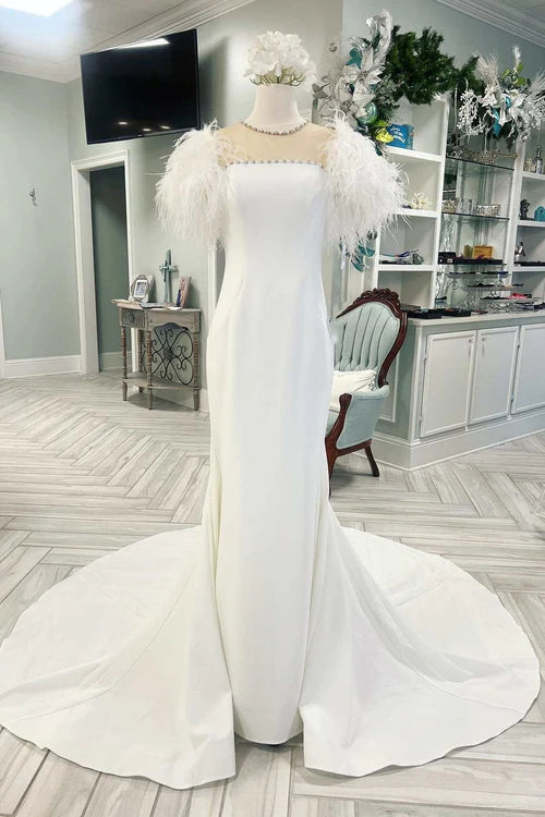 Wholesale Elegant White Feather Illusion Neck Mermaid Long Wedding Dress