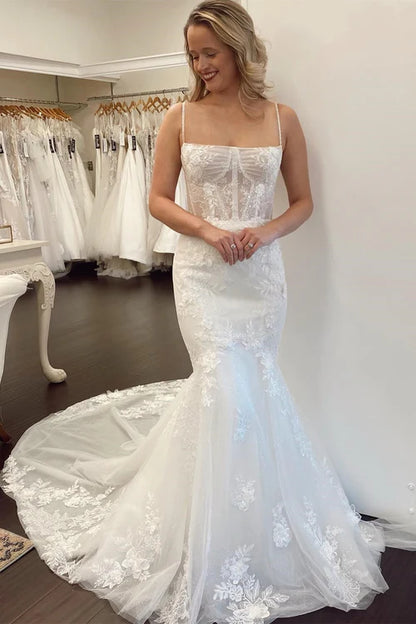 Wholesale Elegant White Lace Spaghetti Straps Mermaid Long Wedding Dress