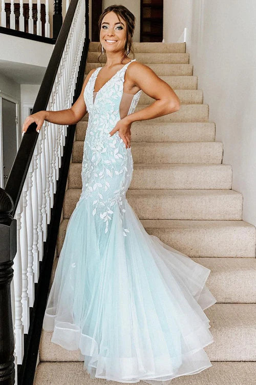 Wholesale Trumpet Evening Dress V-Neck Mint Green Appliqued Porm Dress