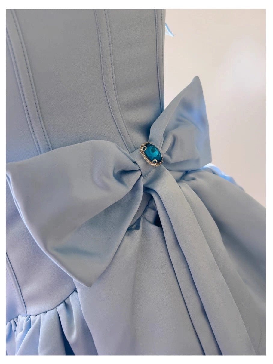 Aimishang Cute A Line Spaghetti Straps Blue Sleeveless Lace-Up Back Short Homecoming Dress Pretty Birthday Party Dress With Bow
