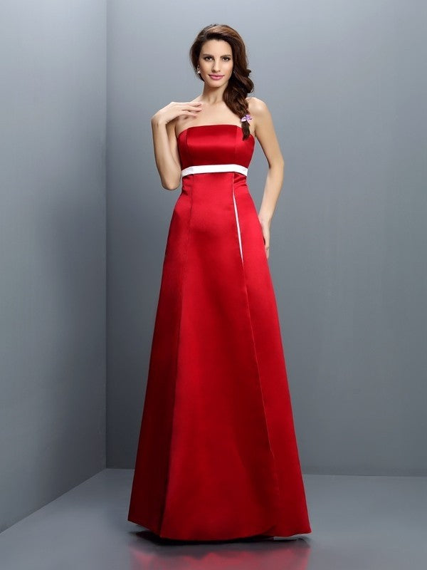 Wholesale A-Line Satin Strapless Sleeveless Floor-Length With Sash/Ribbon/Belt Bridesmaid Dresses