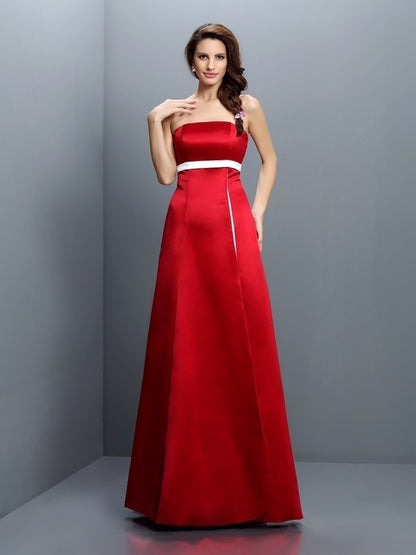 Wholesale A-Line Satin Strapless Sleeveless Floor-Length With Sash/Ribbon/Belt Bridesmaid Dresses