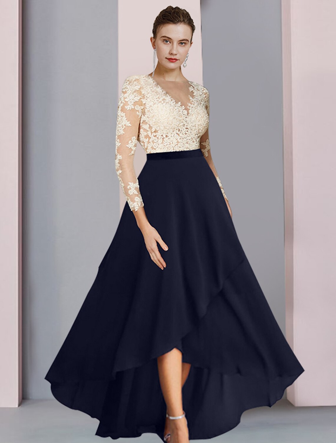 Wholesale Sheath / Column Mother of the Bride Dress Wedding Guest Party Elegant V Neck Asymmetrical Chiffon Lace Long Sleeve with Pleats Color Block