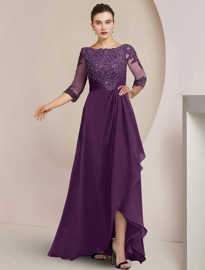 Wholesale A-Line Mother of the Bride Dress Formal Wedding Guest Elegant High Low Scoop Neck Asymmetrical Floor Length Chiffon Lace 3/4 Length Sleeve with Beading Sequin Appliques