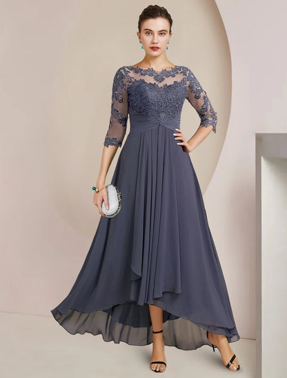 Wholesale A-Line Mother of the Bride Dress Wedding Guest Elegant High Low Scoop Neck Asymmetrical Tea Length Chiffon Lace 3/4 Length Sleeve with Pleats Appliques