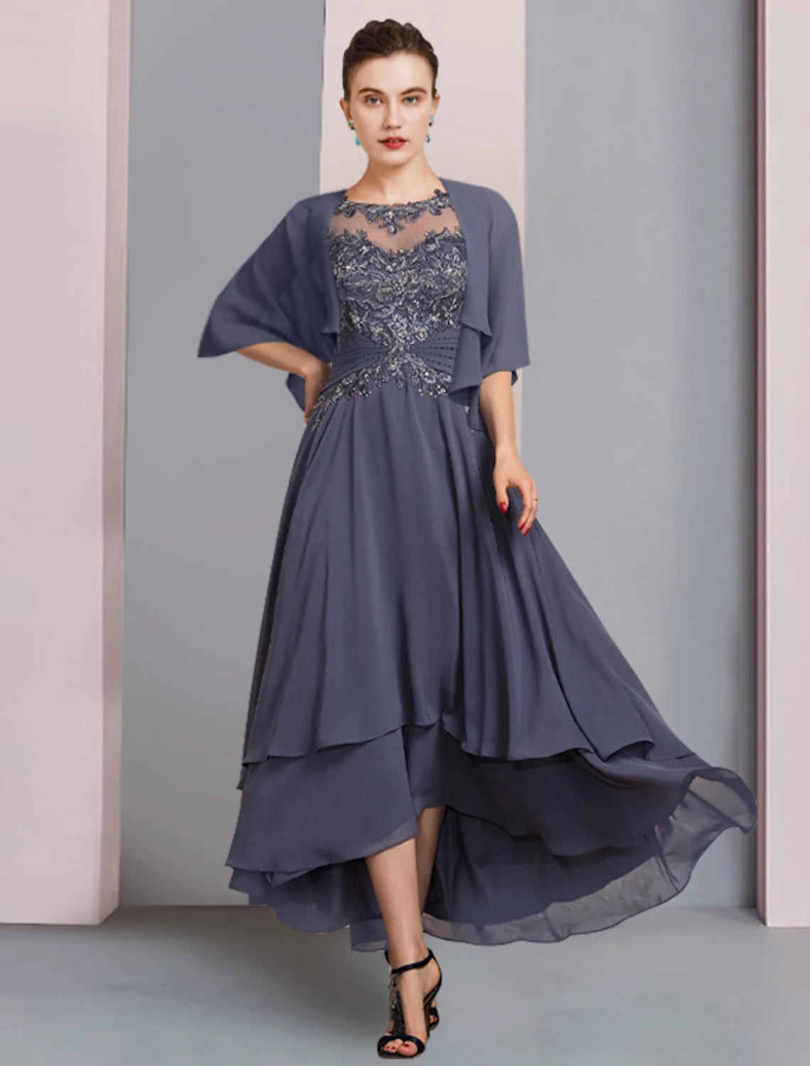 Wholesale Two Piece A-Line Mother of the Bride Dress Formal Wedding Guest Elegant Scoop Neck Asymmetrical Tea Length Chiffon Lace Short Sleeve Wrap Included with Beading Appliques