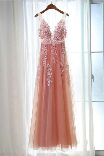 Beautiful Pink Long New Prom Dress Party Dress with Lace Applique Sexy Evening Dress Wholesale