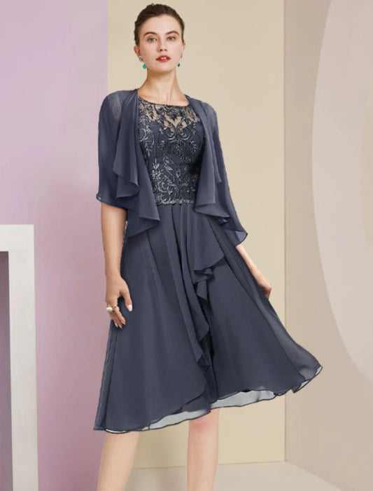 Wholesale Two Piece A-Line Mother of the Bride Dress Formal Wedding Guest Vintage Elegant Scoop Neck Knee Length Chiffon Lace Short Sleeve Wrap Included with Pleats Appliques