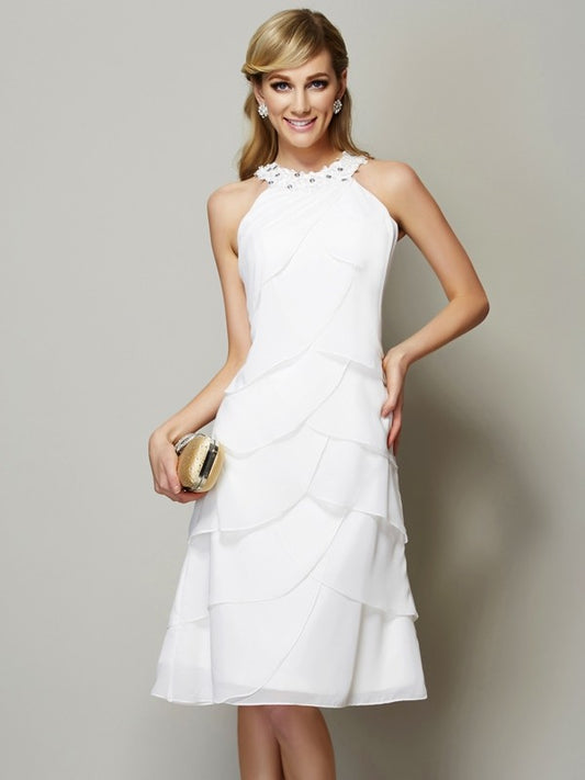 Wholesale Sheath Chiffon Bateau Sleeveless Knee-Length With Beading Bridesmaid Dresses