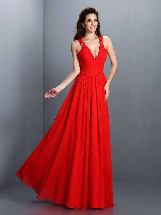 Wholesale A-Line Chiffon V-neck Sleeveless Floor-Length With Pleats Bridesmaid Dresses