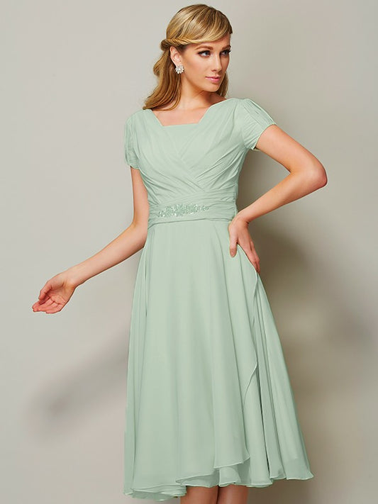 Wholesale Sheath Chiffon Bateau Short Sleeves Tea-Length With Ruffles Bridesmaid Dresses