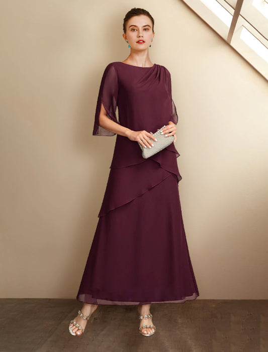 Wholesale A-Line Mother of the Bride Dress Wedding Guest Plus Size Elegant Jewel Neck Ankle Length Chiffon Half Sleeve with Ruffles Side-Draped Fall