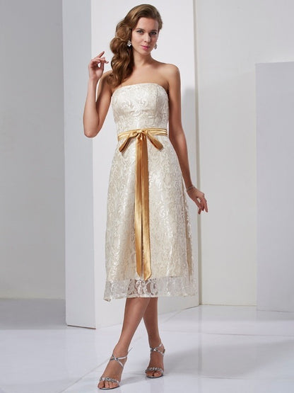 Wholesale Sheath Satin Strapless Sleeveless Knee-Length With Sash/Ribbon/Belt Bridesmaid Dresses