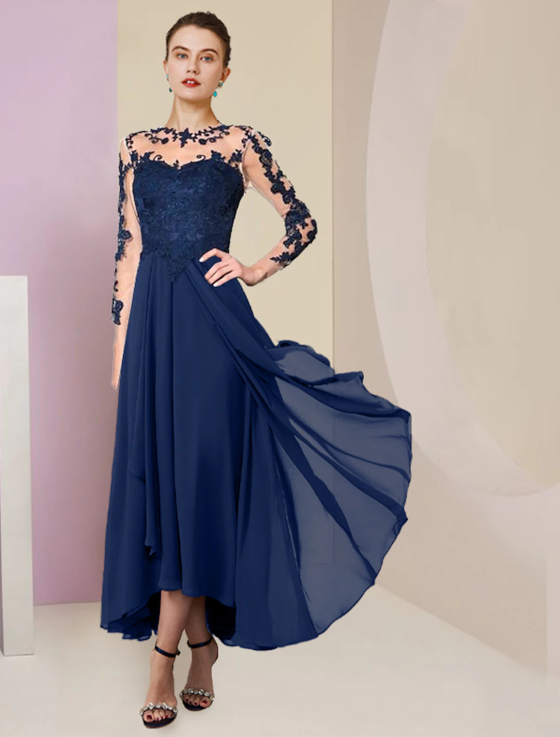 Wholesale A-Line Mother of the Bride Dress Formal Wedding Guest Elegant High Low Scoop Neck Asymmetrical Tea Length Chiffon Lace 3/4 Length Sleeve with Pleats Appliques