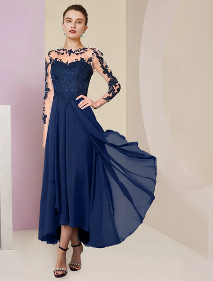 Wholesale A-Line Mother of the Bride Dress Formal Wedding Guest Elegant High Low Scoop Neck Asymmetrical Tea Length Chiffon Lace 3/4 Length Sleeve with Pleats Appliques