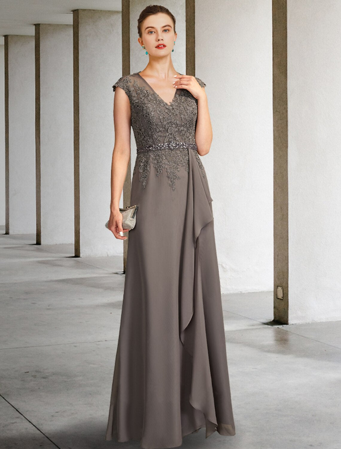 Wholesale A-Line Mother of the Bride Dress Elegant V Neck Floor Length Chiffon Lace Cap Sleeve with Sash / Ribbon Appliques