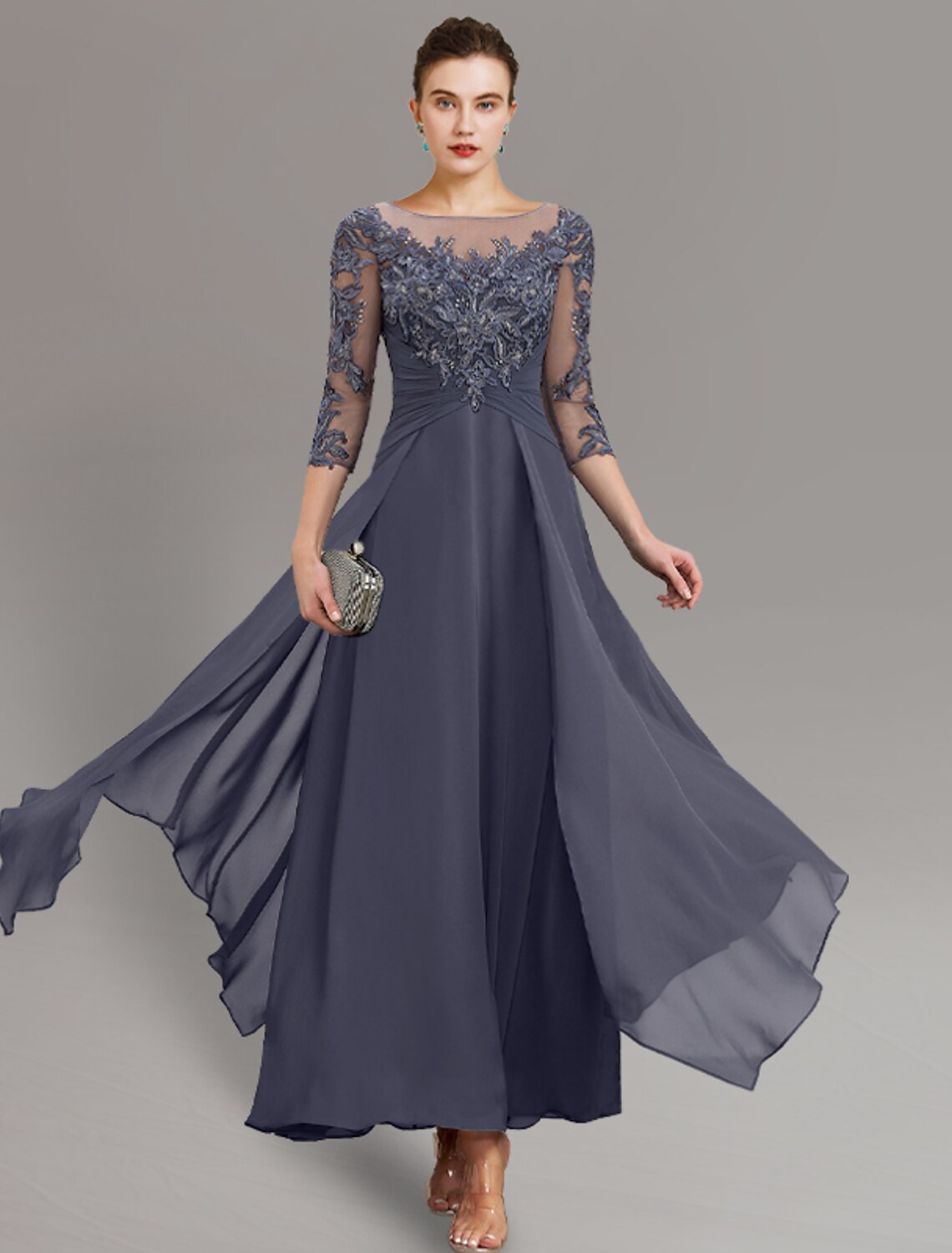 Wholesale Sheath / Column Mother of the Bride Dress Wedding Guest Simple Elegant Jewel Neck Ankle Length Chiffon Lace 3/4 Length Sleeve with Pleats Sequin