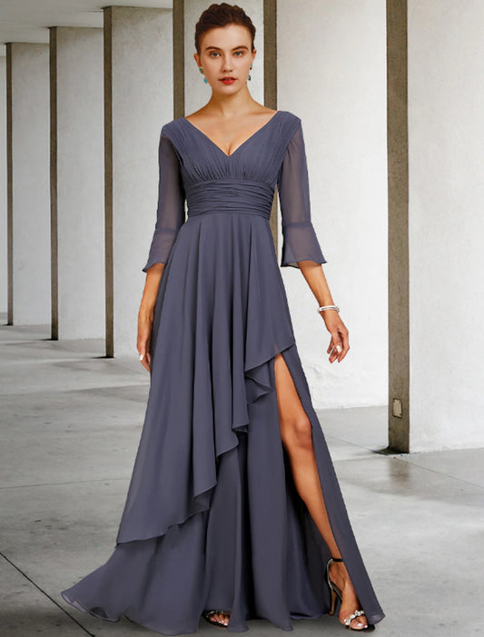 Wholesale A-Line Mother of the Bride Dress Elegant High Low V Neck Asymmetrical Floor Length Chiffon 3/4 Length Sleeve with Split Front Ruching