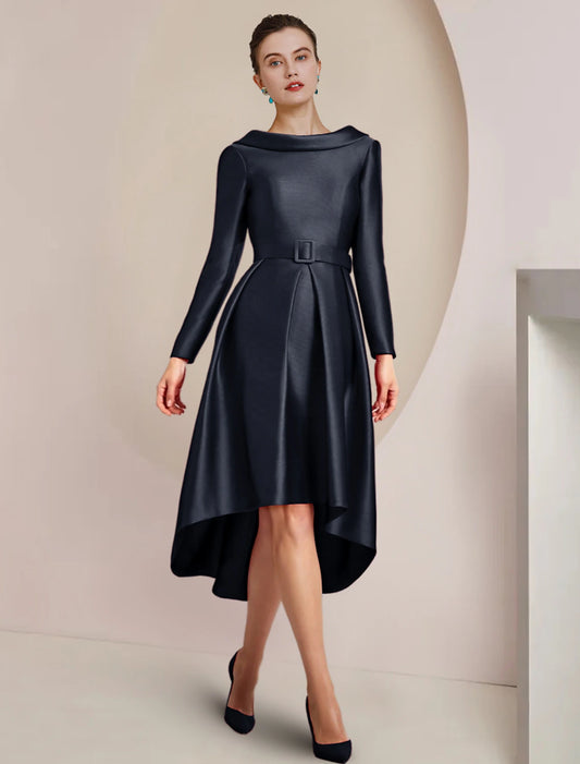 Wholesale A-Line Mother of the Bride Dress Wedding Guest Party Elegant High Low Scoop Neck Asymmetrical Knee Length Satin Long Sleeve with Crystal Brooch