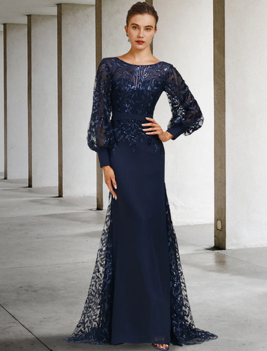 Wholesale Mermaid / Trumpet Mother of the Bride Dress Wedding Guest Vintage Elegant Jewel Neck Sweep / Brush Train Chiffon Lace Long Sleeve with Sequin Ruffles Fall