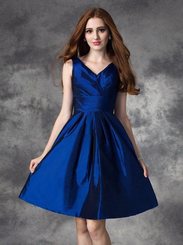 Wholesale A-Line Satin V-neck Sleeveless Short/Mini With Ruched Bridesmaid Dresses