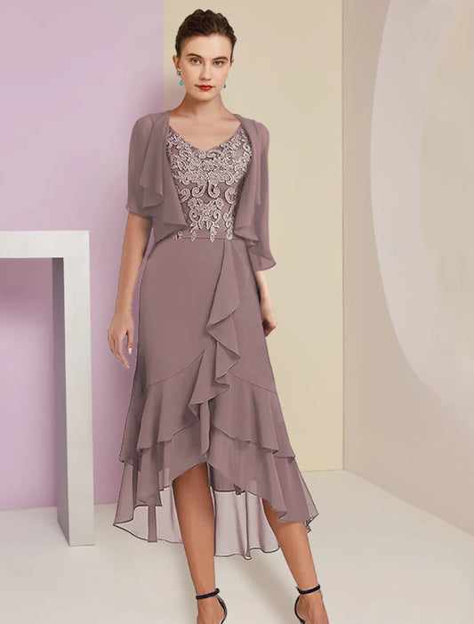 Wholesale Two Piece A-Line Mother of the Bride Dress Formal Fall Wedding Guest Elegant High Low V Neck Asymmetrical Tea Length Chiffon Lace Short Sleeve 3/4 Length Sleeve Wrap Included with Appliques