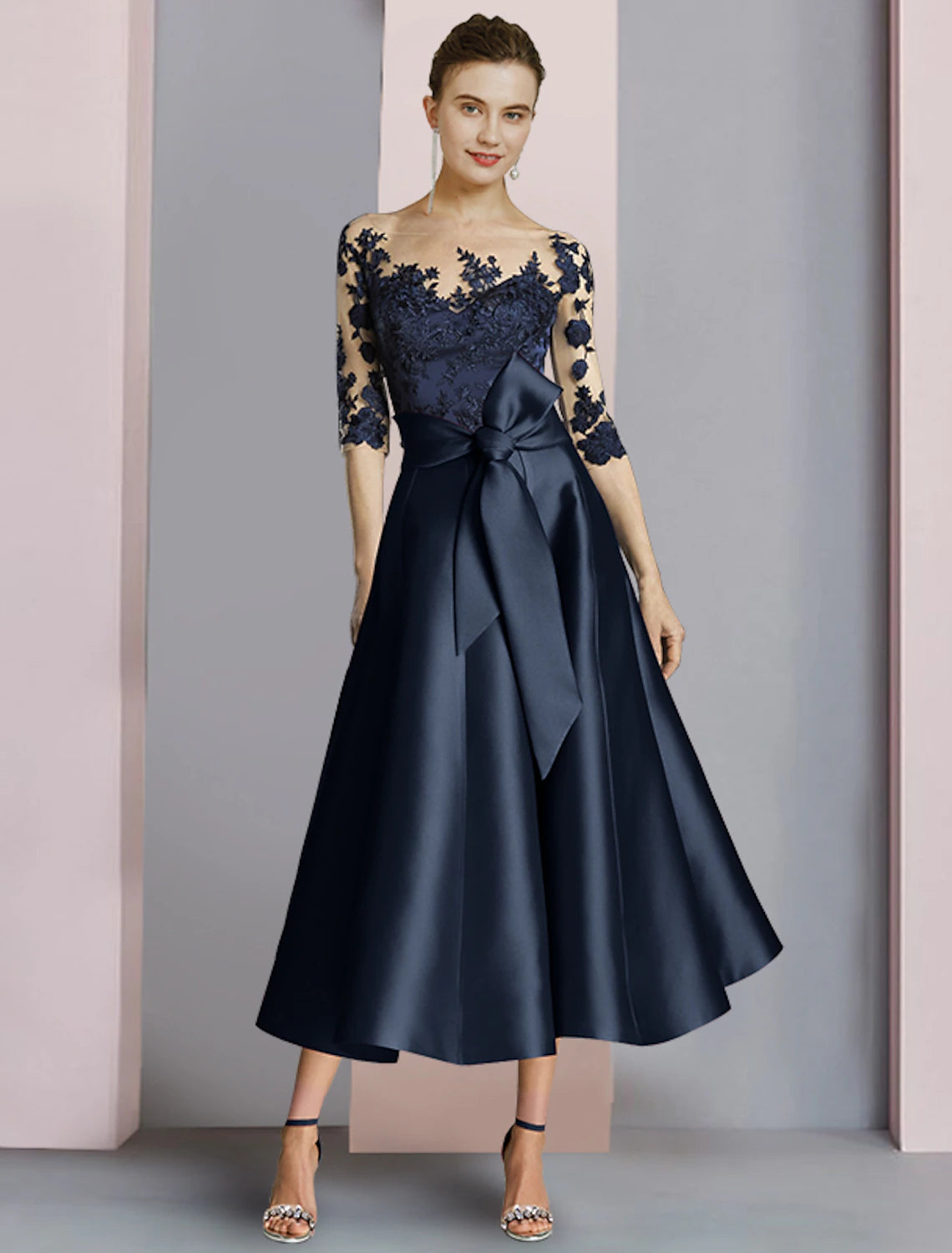 Wholesale Sheath / Column Mother of the Bride Dress Fall Wedding Guest Party Elegant Scoop Neck Ankle Length Satin Lace Half Sleeve with Bow(s) Pleats