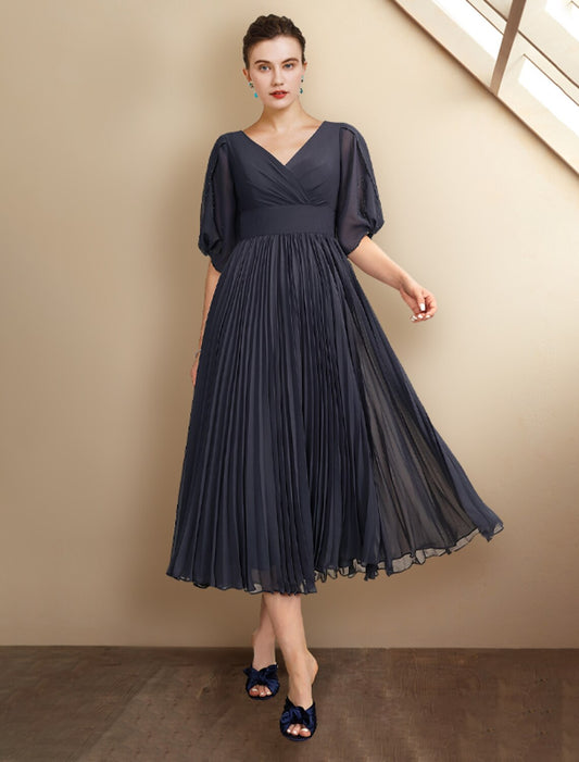 Wholesale A-Line Mother of the Bride Dress Plus Size Elegant V Neck Tea Length Chiffon Half Sleeve with Pleats