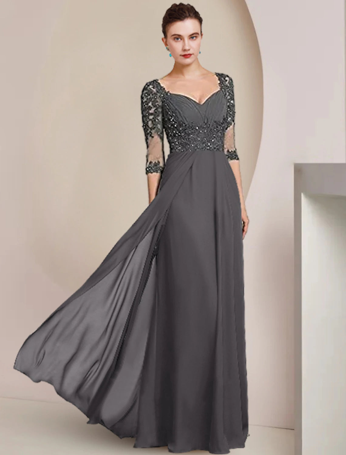 Wholesale Sheath / Column Mother of the Bride Dress Formal Wedding Guest Elegant Square Neck Floor Length Chiffon Lace 3/4 Length Sleeve with Sequin Appliques Ruching