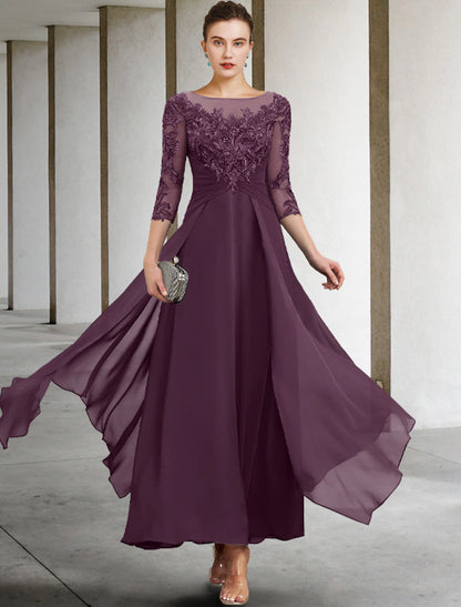 Wholesale A-Line Mother of the Bride Dress Fall Wedding Guest Plus Size Elegant Jewel Neck Ankle Length Chiffon Lace 3/4 Length Sleeve with Ruched Sequin Appliques