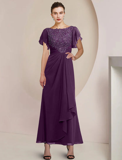 Wholesale A-Line Mother of the Bride Dress Formal Wedding Guest Elegant Scoop Neck Tea Length Chiffon Lace 3/4 Length Sleeve with Beading Sequin Appliques