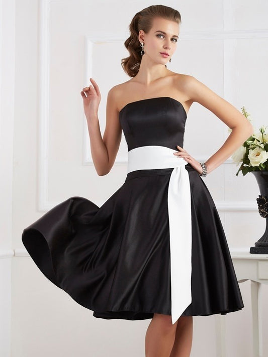 Wholesale A-Line Satin Strapless Sleeveless Knee-Length With Sash/Ribbon/Belt Bridesmaid Dresses