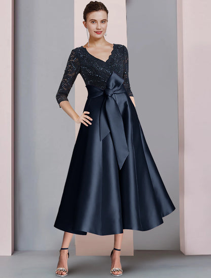 Wholesale A-Line Mother of the Bride Dress Wedding Guest Vintage Elegant V Neck Tea Length Satin Lace 3/4 Length Sleeve with Bow(s) Pleats Sequin