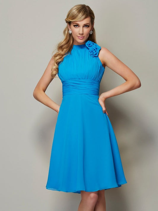 Wholesale A-Line Chiffon High Neck Sleeveless Knee-Length With Pleats Bridesmaid Dresses