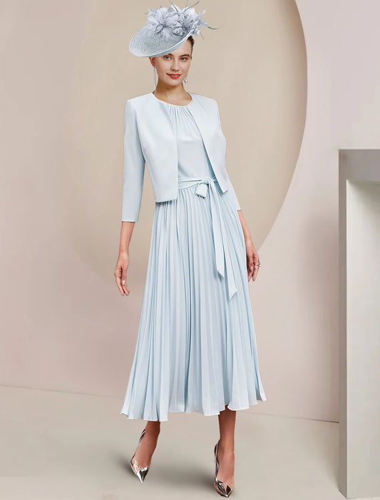 Wholesale Two Piece A-Line Mother of the Bride Dress Wedding Guest Party Vintage Elegant Scoop Neck Tea Length Chiffon Sleeveless Wrap Included with Bow(s) Pleats