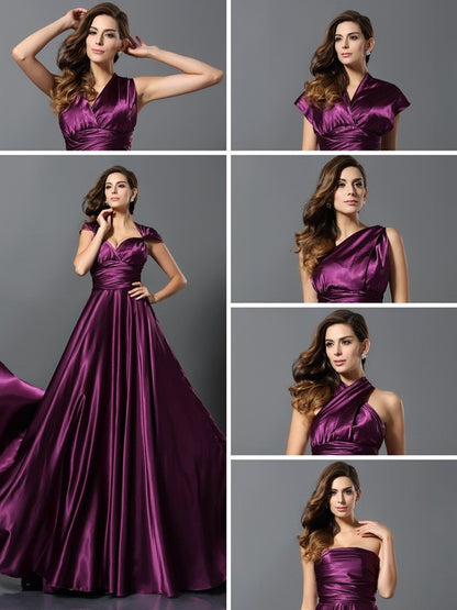 Wholesale A-Line Silk like Satin V-neck Sleeveless Sweep/Brush Train With Pleats Convertible Bridesmaid Dresses