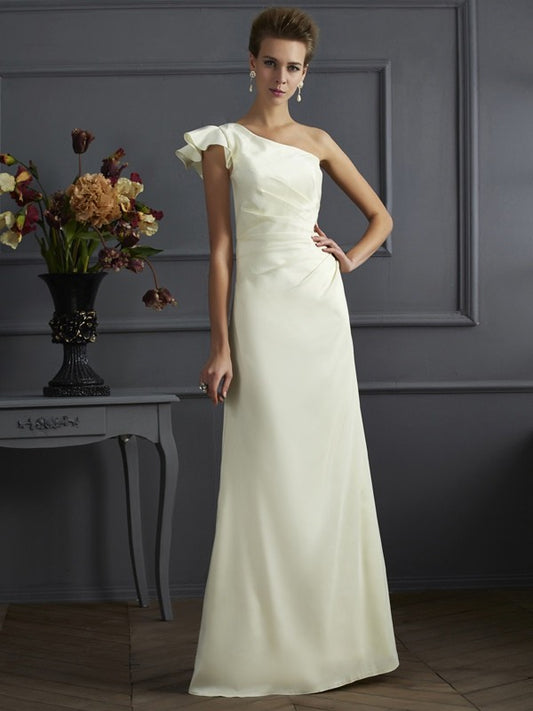 Wholesale Sheath Elastic Woven Satin One-Shoulder Sleeveless Floor-Length With Pleats Bridesmaid Dresses