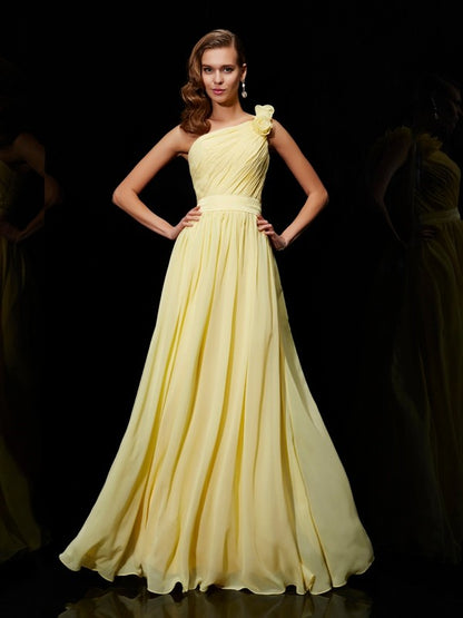 Wholesale A-Line Chiffon One-Shoulder Sleeveless Floor-Length With Hand-Made Flower Bridesmaid Dresses