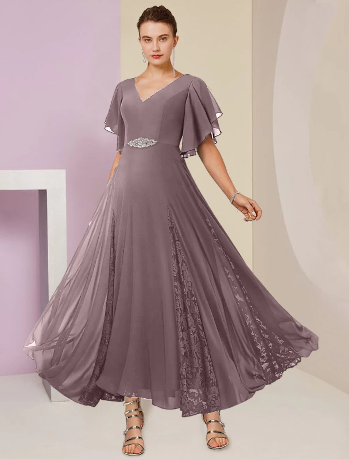 Wholesale A-Line Mother of the Bride Dress Formal Wedding Guest Elegant V Neck Ankle Length Chiffon Lace Short Sleeve with Pleats Crystal Brooch