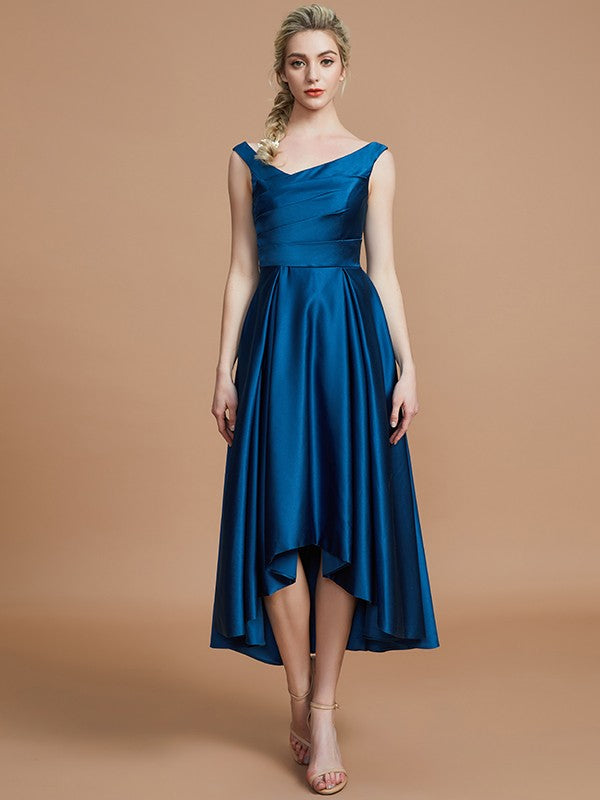 Wholesale A-Line V-neck Satin Asymmetrical Sleeveless Bridesmaid Dresses