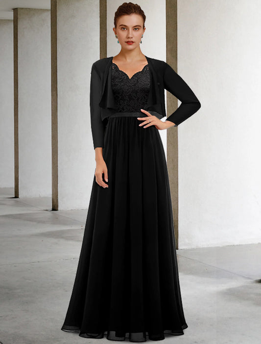 Wholesale Two Piece A-Line Mother of the Bride Dress Plus Size Elegant V Neck Floor Length Chiffon Lace Sleeveless Wrap Included with Sash / Ribbon Pleats Appliques