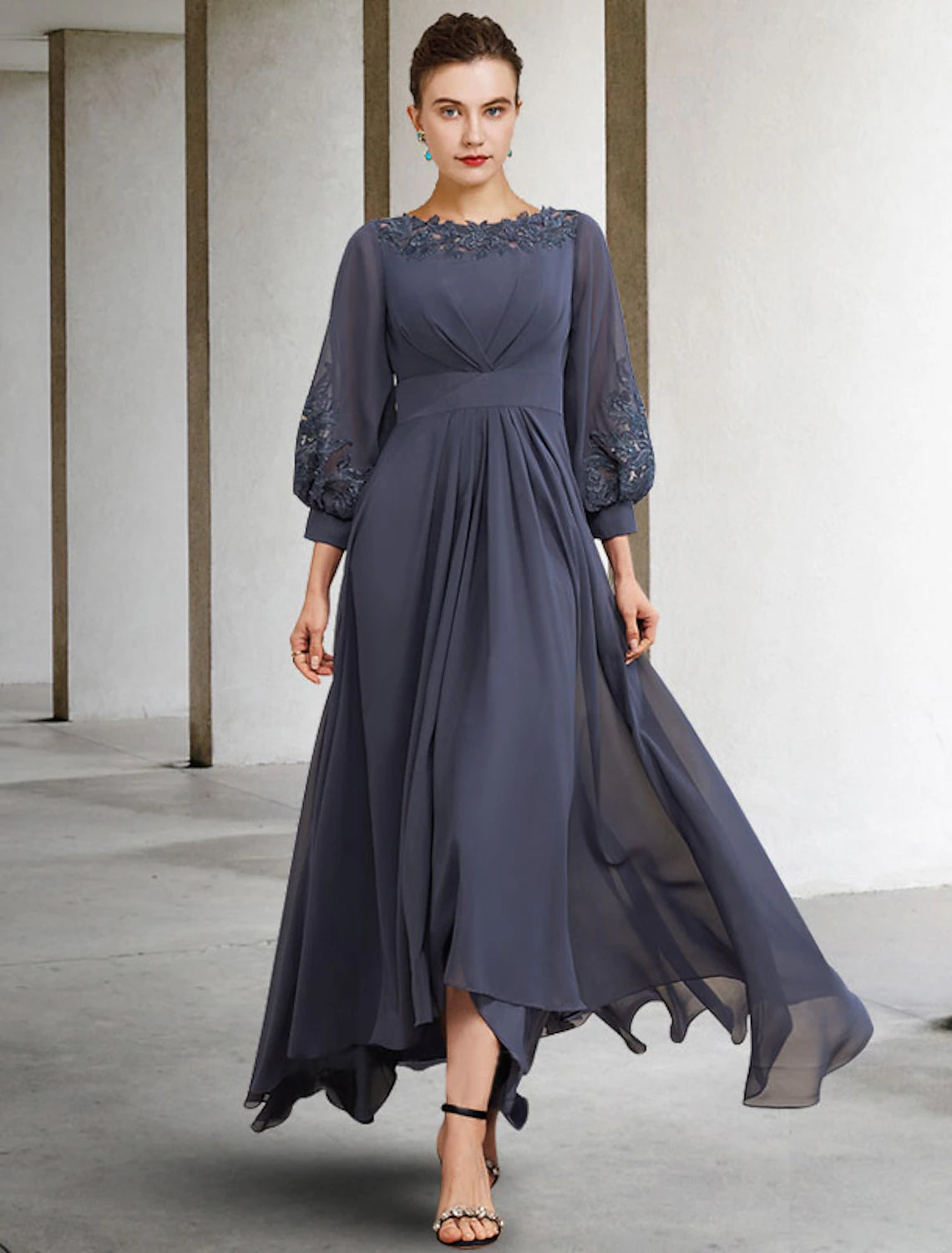 Wholesale A-Line Mother of the Bride Dress Plus Size Elegant High Low Jewel Neck Asymmetrical Floor Length Chiffon Lace Half Sleeve with Pleats Appliques Side-Draped