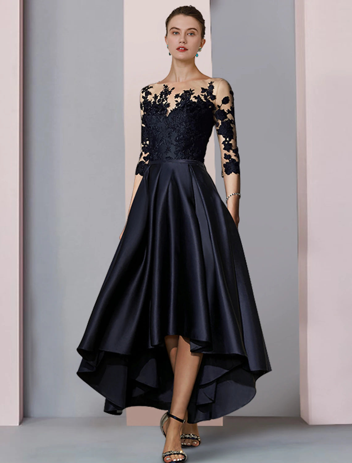 Wholesale A-Line Mother of the Bride Dress Fall Wedding Guest Elegant High Low Scoop Neck Asymmetrical Tea Length Satin Lace 3/4 Length Sleeve with Pleats Appliques