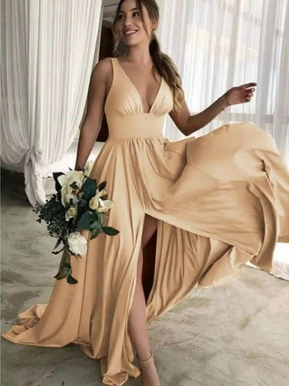 Wholesale A-Line Sleeveless V-neck Sweep/Brush Train With Ruffles Jersey Bridesmaid Dresses