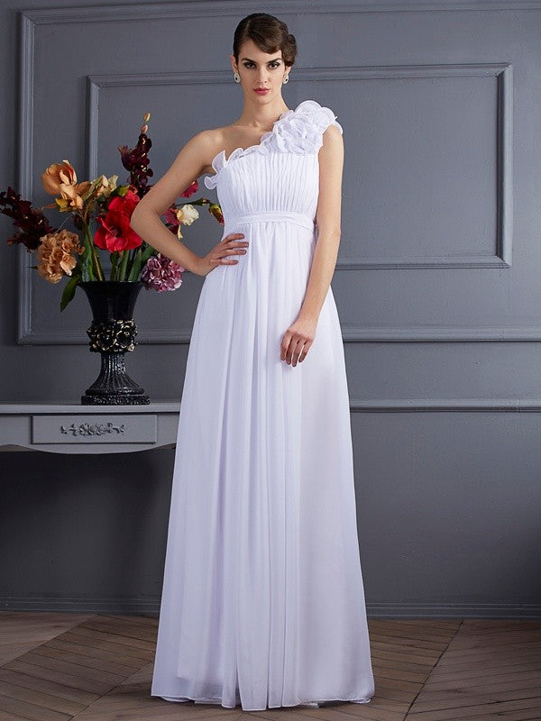 Wholesale A-Line Chiffon One-Shoulder Sleeveless Floor-Length With Applique Dresses