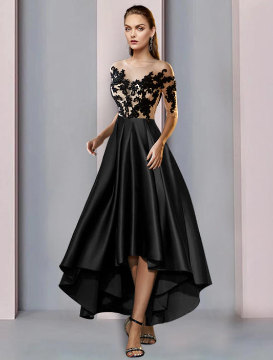 Wholesale A-Line Mother of the Bride Dress Wedding Guest Vintage Elegant Illusion Neck Asymmetrical Satin Lace Half Sleeve with Pleats